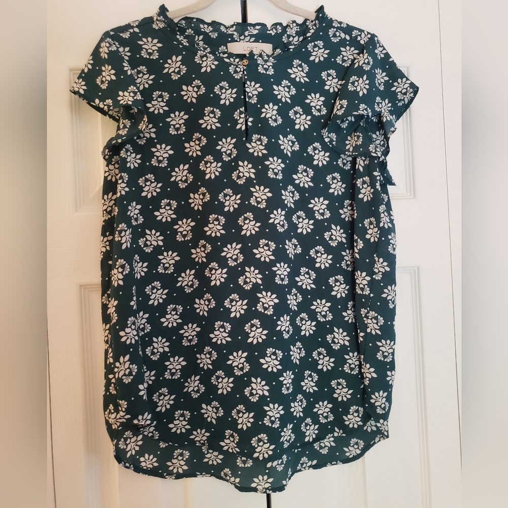 LOFT Green and White Floral Shirt